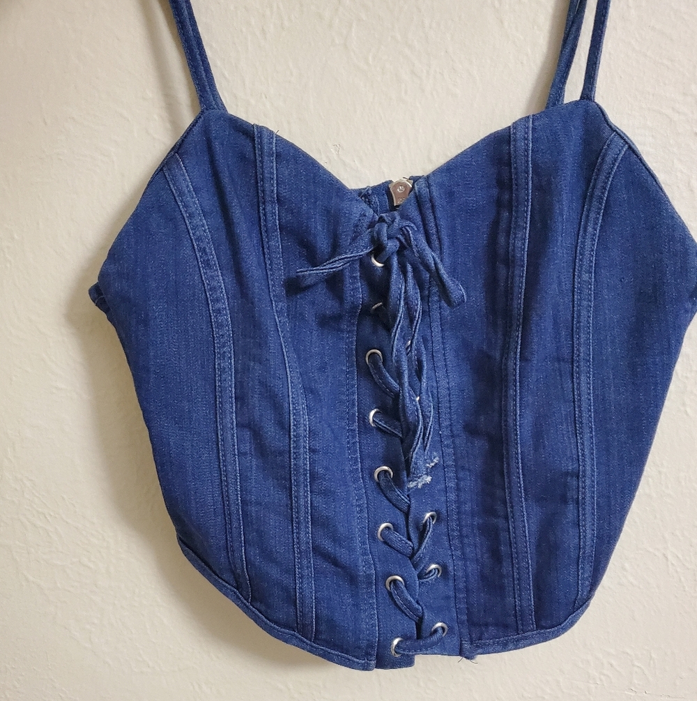 Blashe Denim Bustier Lace-Up Crop Top